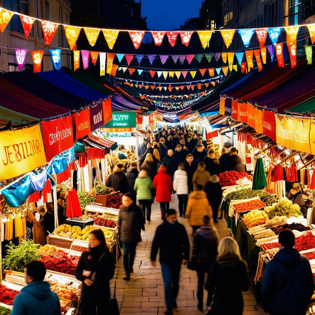 A vibrant market scene filled with colorful stalls showcasing various attractive closeout products, featuring happy shoppers hunting for unbeatable deals. Include seasonal items like warm scarves and holiday decorations, with an inviting atmosphere enhanced by bright lights and cheerful banners. Emphasize a sense of excitement in the air, reflecting the thrill of uncovering great bargains. super-realistic. vibrant colors. lively background.