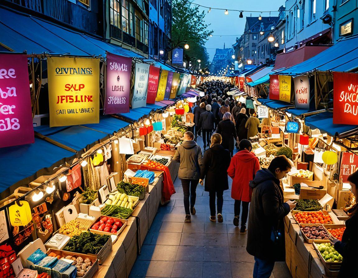 A vibrant shopping scene featuring a diverse group of happy shoppers examining discounted items and bulk purchases in a colorful market. The background includes signs highlighting amazing deals and insider tips, with products like groceries, electronics, and household items displayed attractively. Include elements of excitement and discovery, with warm lighting and smiles on faces. super-realistic. vibrant colors.