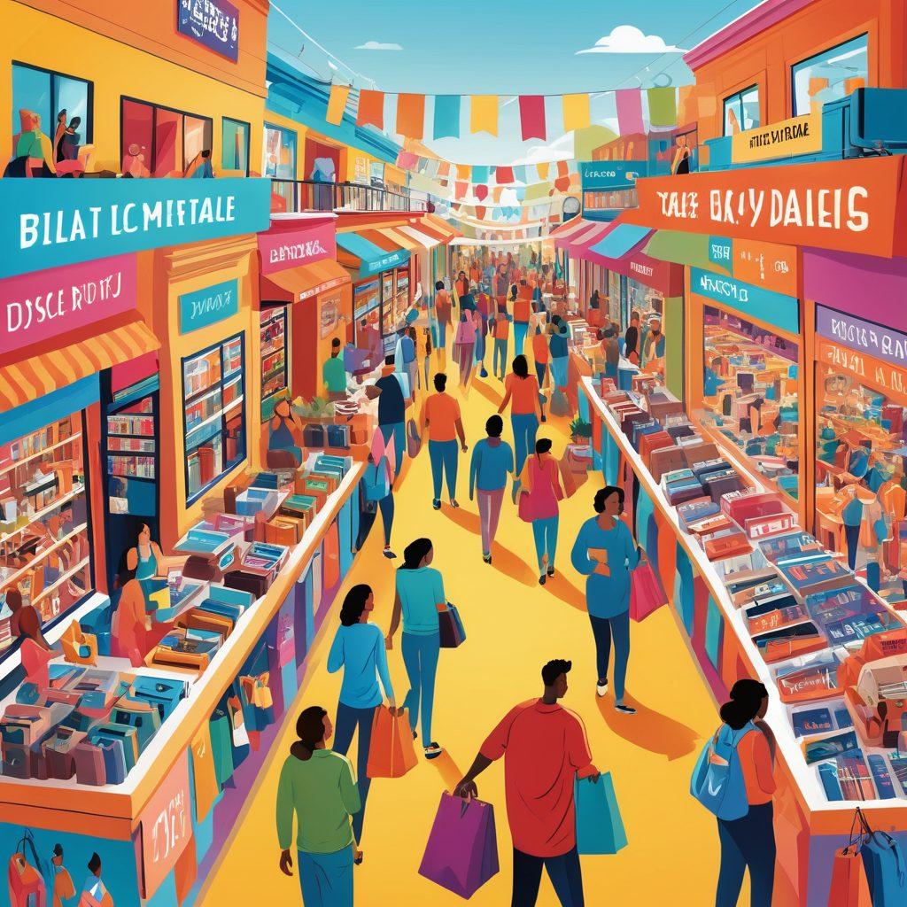 A visually engaging illustration showcasing a busy marketplace brimming with liquidation and excess inventory items such as electronics, furniture, and clothing at discounted prices. In the foreground, a diverse group of shoppers excitedly examining products and making purchases, representing the thrill of savings. Include colorful price tags and banners emphasizing 'Best Deals' and 'Unbeatable Prices'. Incorporate a cheerful, sunny atmosphere to give a sense of positivity and excitement. vibrant colors. vector art.